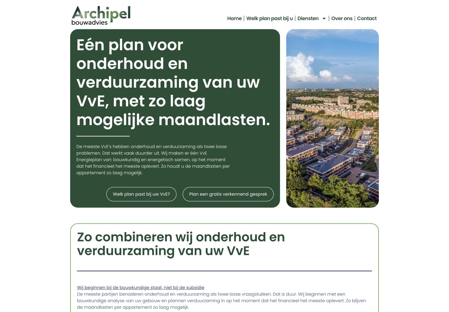 Screenshot van de homepage van Archipel Bouwadvies
