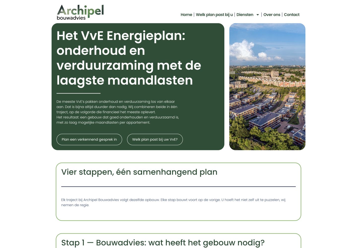 Screenshot van de adviestraject pagina van Archipel Bouwadvies