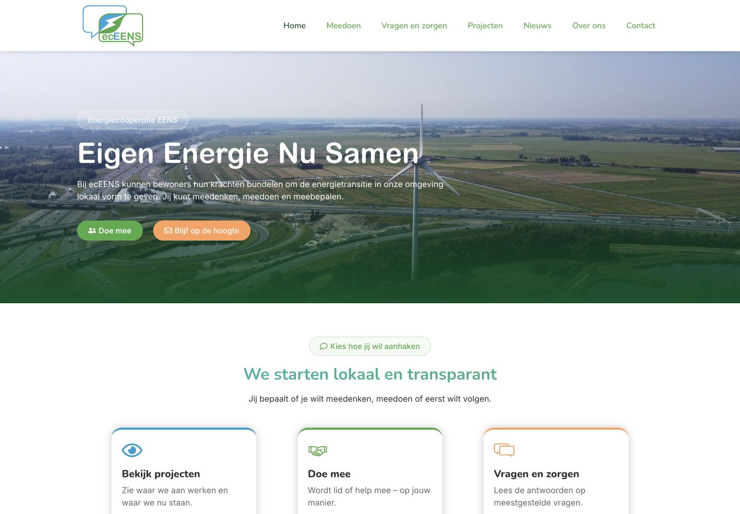 Screenshot van de homepage van EC EEns