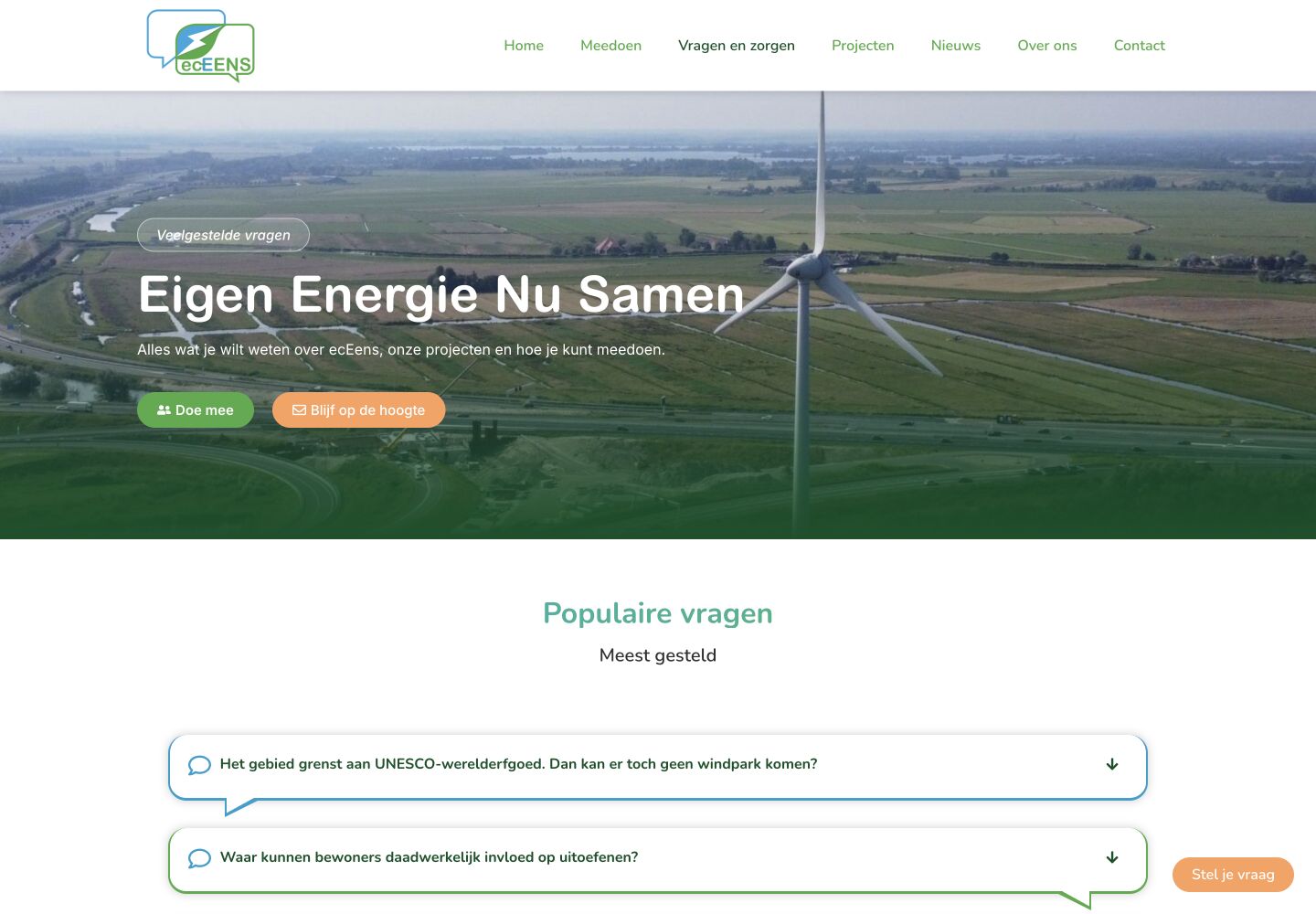 Screenshot van de vragen en zorgen pagina van EC EEns