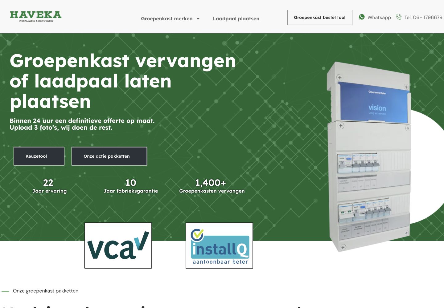 Screenshot van offertemodule voor Haveka Installatie, homepage met groepenkast
