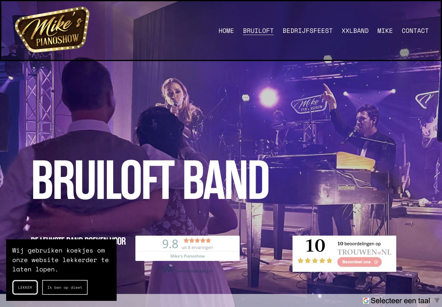 Screenshot van website voor Mike's Pianoshow, bruiloftenpagina met band