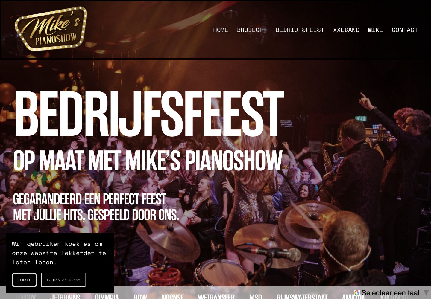 Screenshot van website voor Mike's Pianoshow, bedrijfsfeestenpagina met diner