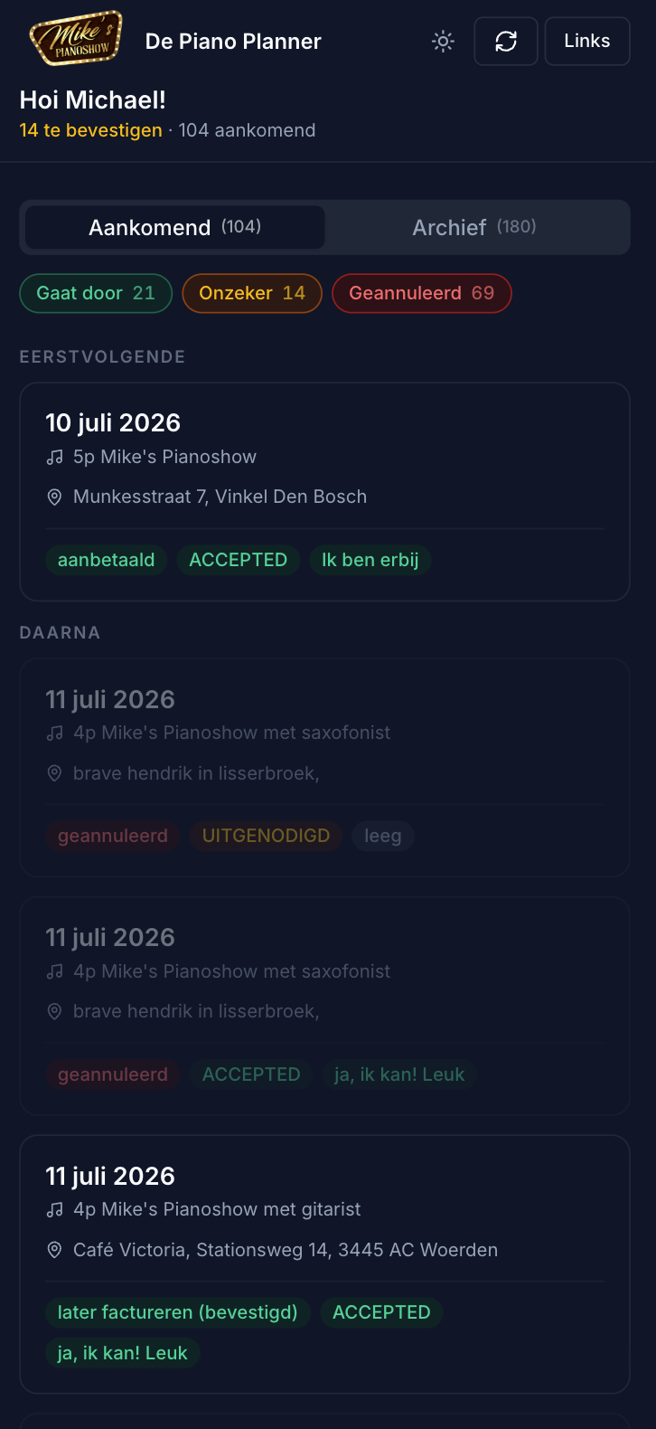 Screenshot van planningapp voor Mike's Pianoshow, overzicht van boekingen