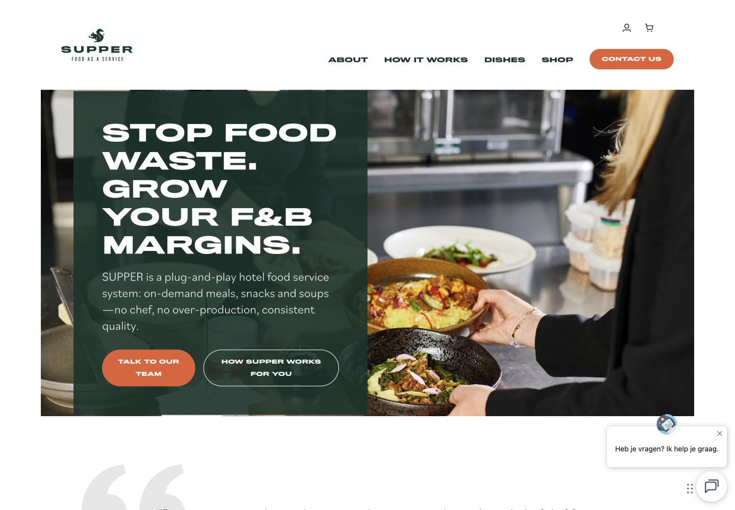 Screenshot van webshop voor Supper Services, homepage over voedselverspilling