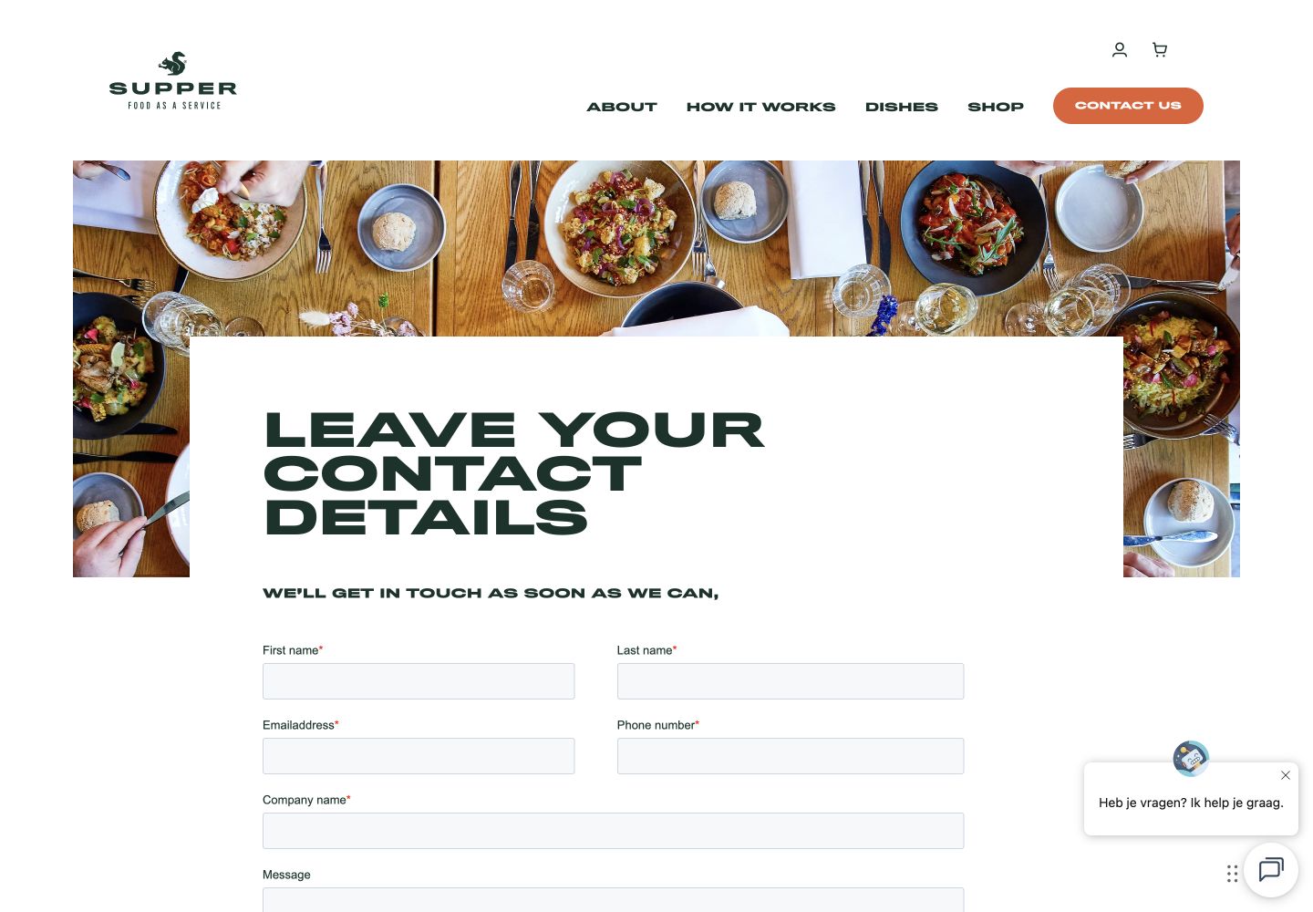 Screenshot van webshop voor Supper Services, contactformulier